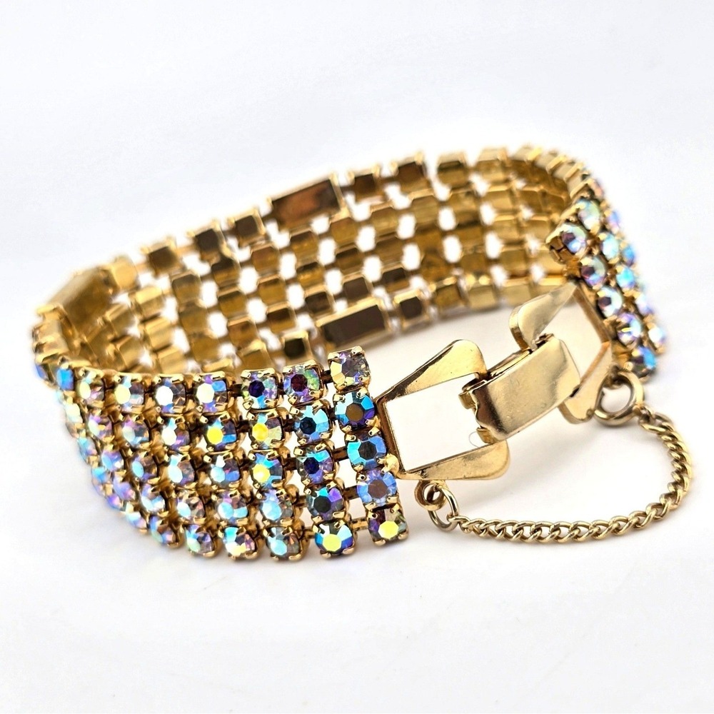 Vintage AB Rhinestone Gold Tone Bracelet Aurora Borealis Baguette Unsigned